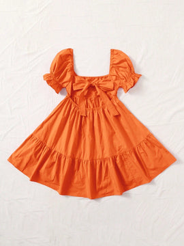 WYWH Vestido de cuello cuadrado de manga farol bajo con fruncido