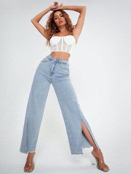 Essnce Jeans de pierna ancha bajo con abertura de cintura alta