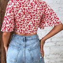 VCAY Camisa crop con estampado floral de manga mariposa con nudo delantero