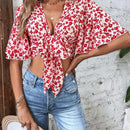 VCAY Camisa crop con estampado floral de manga mariposa con nudo delantero