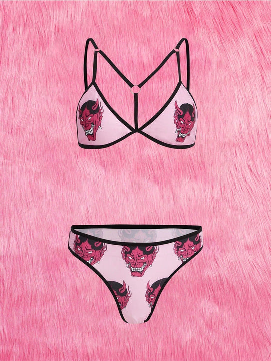 ROMWE J-Fashion Set de lenceria con estampado de dibujos animados vinculado con aro