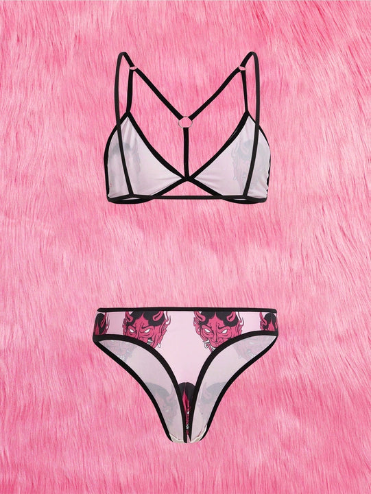 ROMWE J-Fashion Set de lenceria con estampado de dibujos animados vinculado con aro