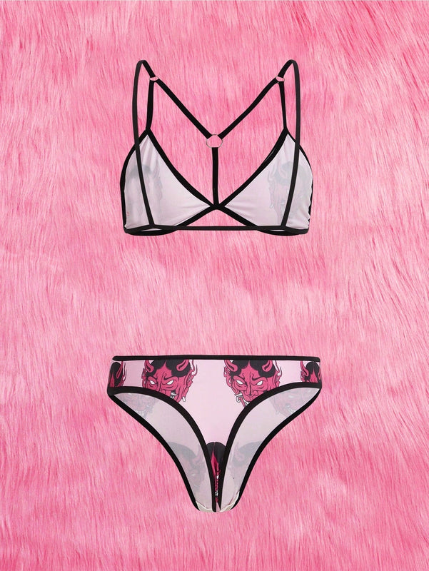 ROMWE J-Fashion Set de lenceria con estampado de dibujos animados vinculado con aro