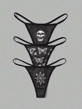 Kelsey Wilson Studio Goth 3 piezas Tanga de craneo & con estampado de mariposa