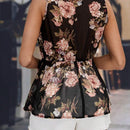 Blusa Sin Mangas De Chifon Con Estampado Floral, Dobladillo Asimetrico Y Peplum