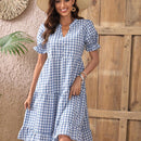 EMERY ROSE Vestido de guingan de cuello notch de manga farol bajo con fruncido