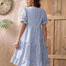 EMERY ROSE Vestido de guingan de cuello notch de manga farol bajo con fruncido