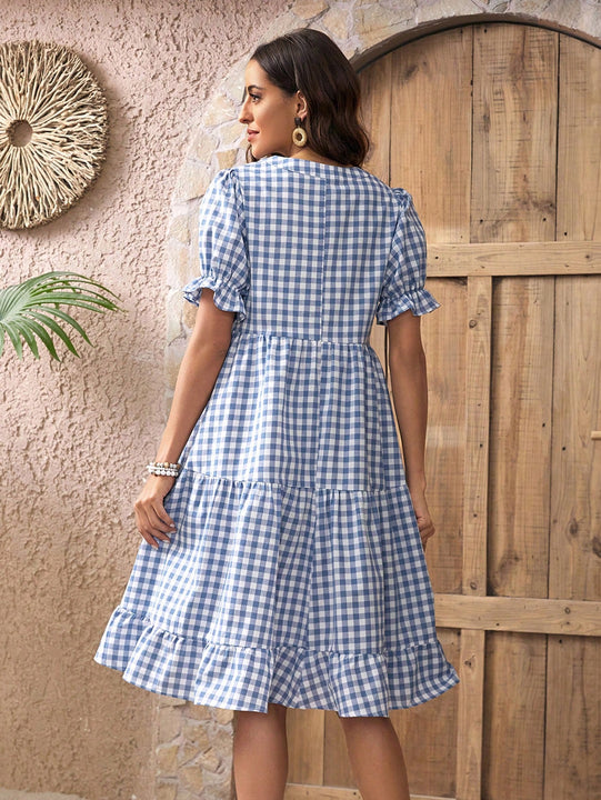 EMERY ROSE Vestido de guingan de cuello notch de manga farol bajo con fruncido