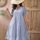 EMERY ROSE Vestido de guingan de cuello notch de manga farol bajo con fruncido