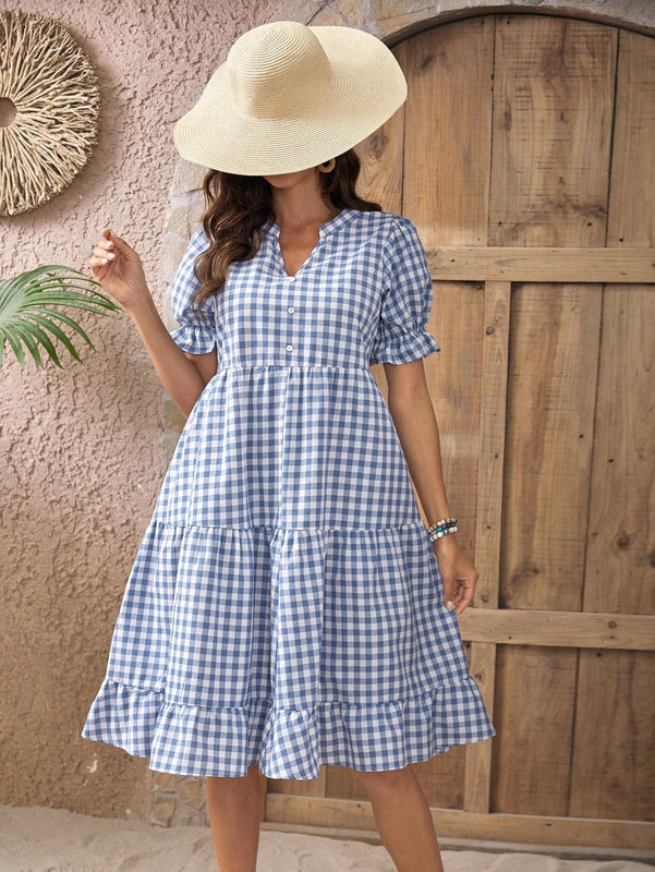 EMERY ROSE Vestido de guingan de cuello notch de manga farol bajo con fruncido