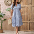 EMERY ROSE Vestido de guingan de cuello notch de manga farol bajo con fruncido
