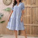 EMERY ROSE Vestido de guingan de cuello notch de manga farol bajo con fruncido