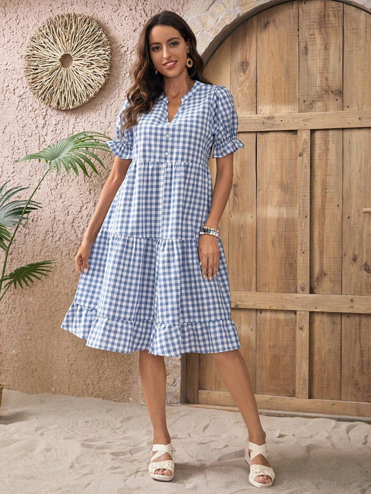 EMERY ROSE Vestido de guingan de cuello notch de manga farol bajo con fruncido