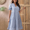 EMERY ROSE Vestido de guingan de cuello notch de manga farol bajo con fruncido