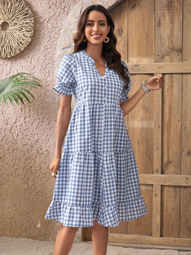 EMERY ROSE Vestido de guingan de cuello notch de manga farol bajo con fruncido