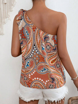 Blusa con estampado de paisley de un hombro con diseno de nudo