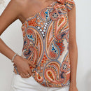 Blusa con estampado de paisley de un hombro con diseno de nudo