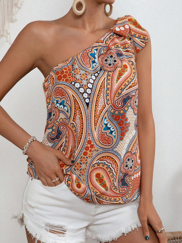 Blusa con estampado de paisley de un hombro con diseno de nudo