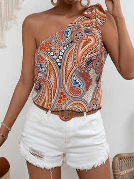 Blusa con estampado de paisley de un hombro con diseno de nudo