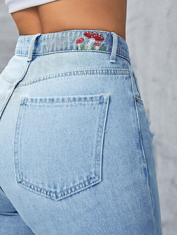 EZwear Jeans desgarro de pierna ancha con bordado de Conjuntoa