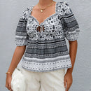 LUNE Blusa peplum con estampado floral con cordon delantero ribete fruncido de manga farol