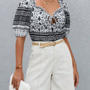 LUNE Blusa peplum con estampado floral con cordon delantero ribete fruncido de manga farol