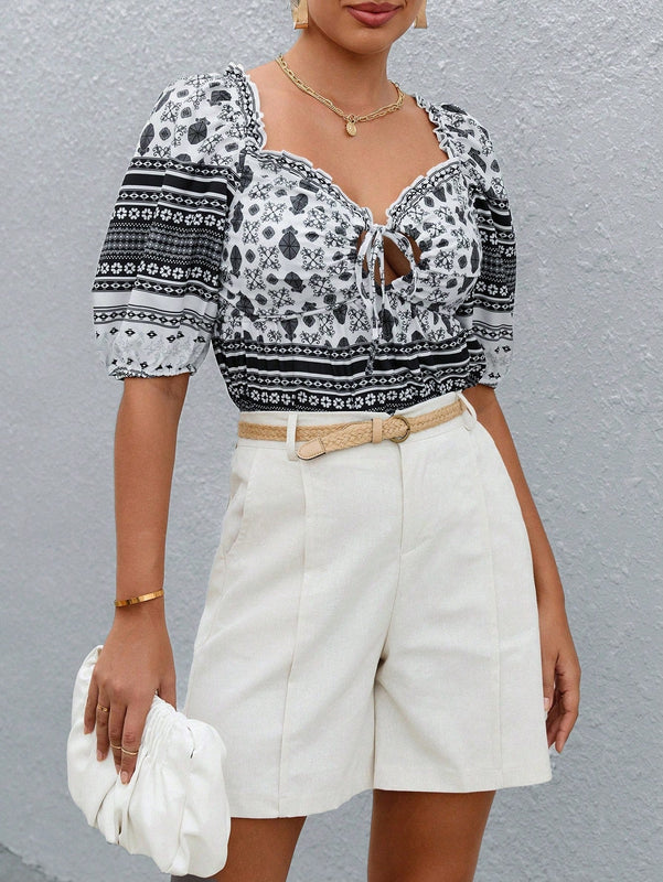 LUNE Blusa peplum con estampado floral con cordon delantero ribete fruncido de manga farol