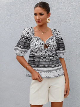 LUNE Blusa peplum con estampado floral con cordon delantero ribete fruncido de manga farol