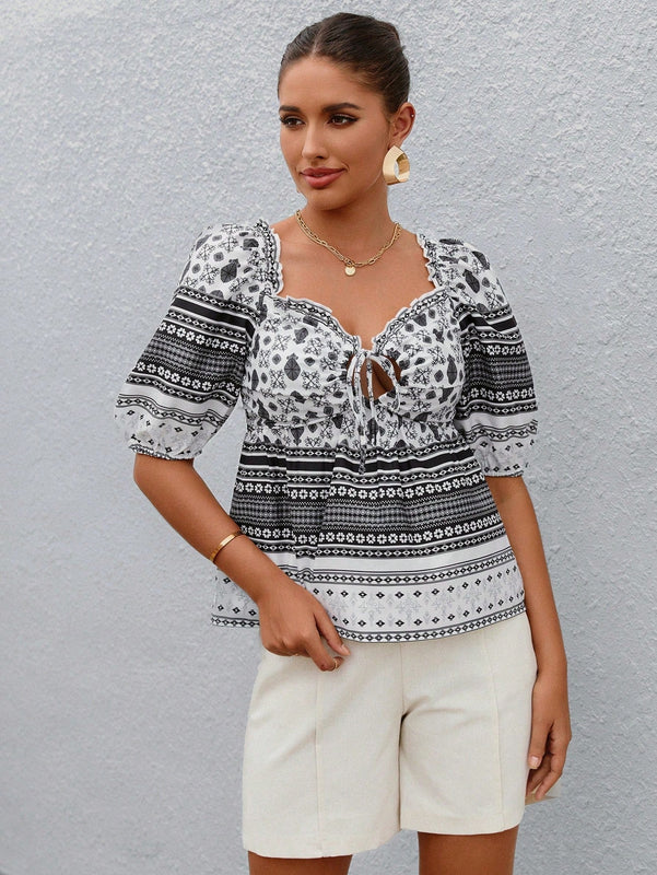 LUNE Blusa peplum con estampado floral con cordon delantero ribete fruncido de manga farol