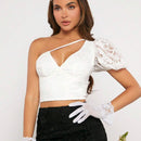 Neu Top de un hombro de manga farol crop con encaje