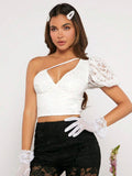 Neu Top de un hombro de manga farol crop con encaje