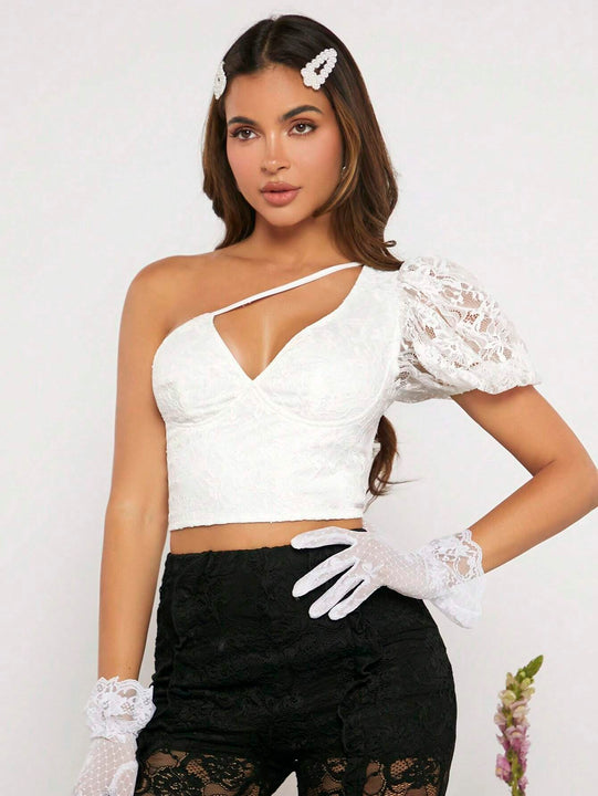 Neu Top de un hombro de manga farol crop con encaje