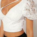 Neu Top de un hombro de manga farol crop con encaje