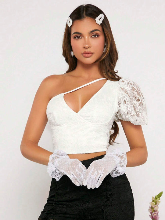 Neu Top de un hombro de manga farol crop con encaje