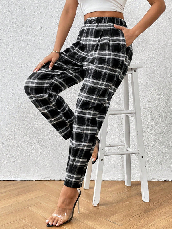 Essnce pantalones con estampado de cuadros con bolsillo oblicuo