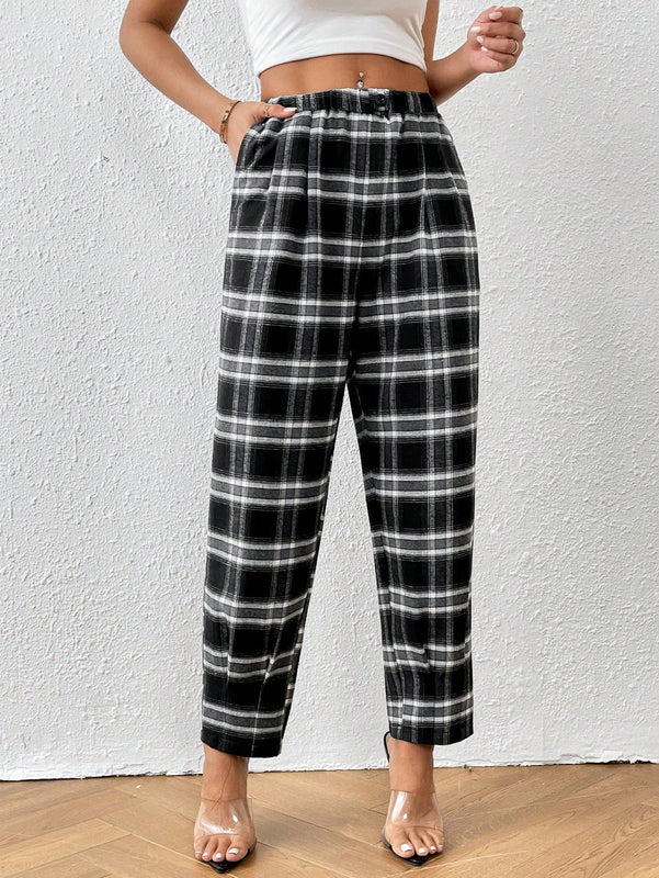 Essnce pantalones con estampado de cuadros con bolsillo oblicuo
