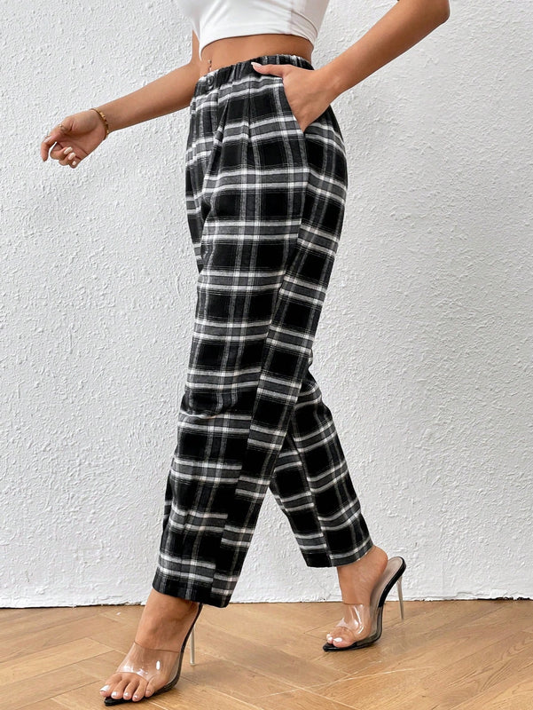 Essnce pantalones con estampado de cuadros con bolsillo oblicuo