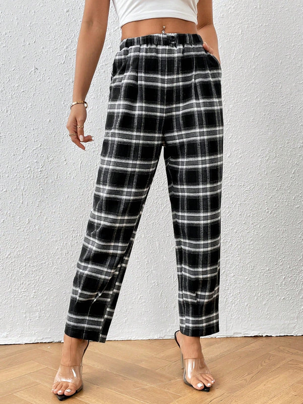 Essnce pantalones con estampado de cuadros con bolsillo oblicuo