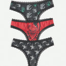 Romwe grunge punk 3 piezas tanga con estampado de mano de calavera oscura y estrella con ribetes de encaje