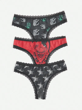 Romwe grunge punk 3 piezas tanga con estampado de mano de calavera oscura y estrella con ribetes de encaje