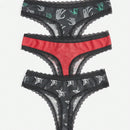 Romwe grunge punk 3 piezas tanga con estampado de mano de calavera oscura y estrella con ribetes de encaje