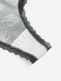 Romwe grunge punk 3 piezas tanga con estampado de mano de calavera oscura y estrella con ribetes de encaje