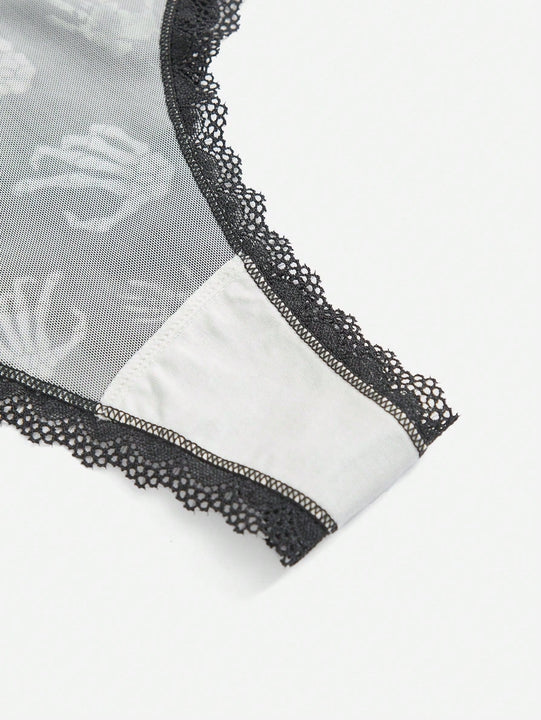 Romwe grunge punk 3 piezas tanga con estampado de mano de calavera oscura y estrella con ribetes de encaje