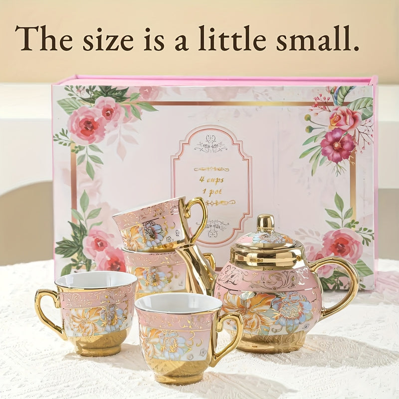 Juego de té de cerámica dorada estilo europeo, 5 piezas, incluye 1 tetera y 4 tazas, set para café, ideal para fiestas de té, restaurantes o cafeterías, en empaque de regalo