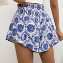 VCAY Shorts con estampado floral de cintura con volante con nudo delantero