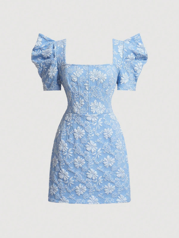 Mod vestido floral jacquard de cuello cuadrado de manga farol
