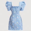 Mod vestido floral jacquard de cuello cuadrado de manga farol