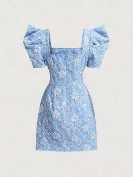 Mod vestido floral jacquard de cuello cuadrado de manga farol