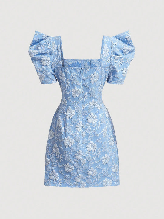 Mod vestido floral jacquard de cuello cuadrado de manga farol