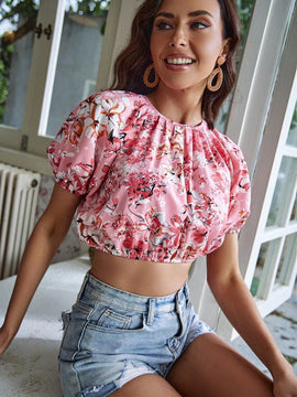 VCAY Camisa crop con estampado floral de manga farol